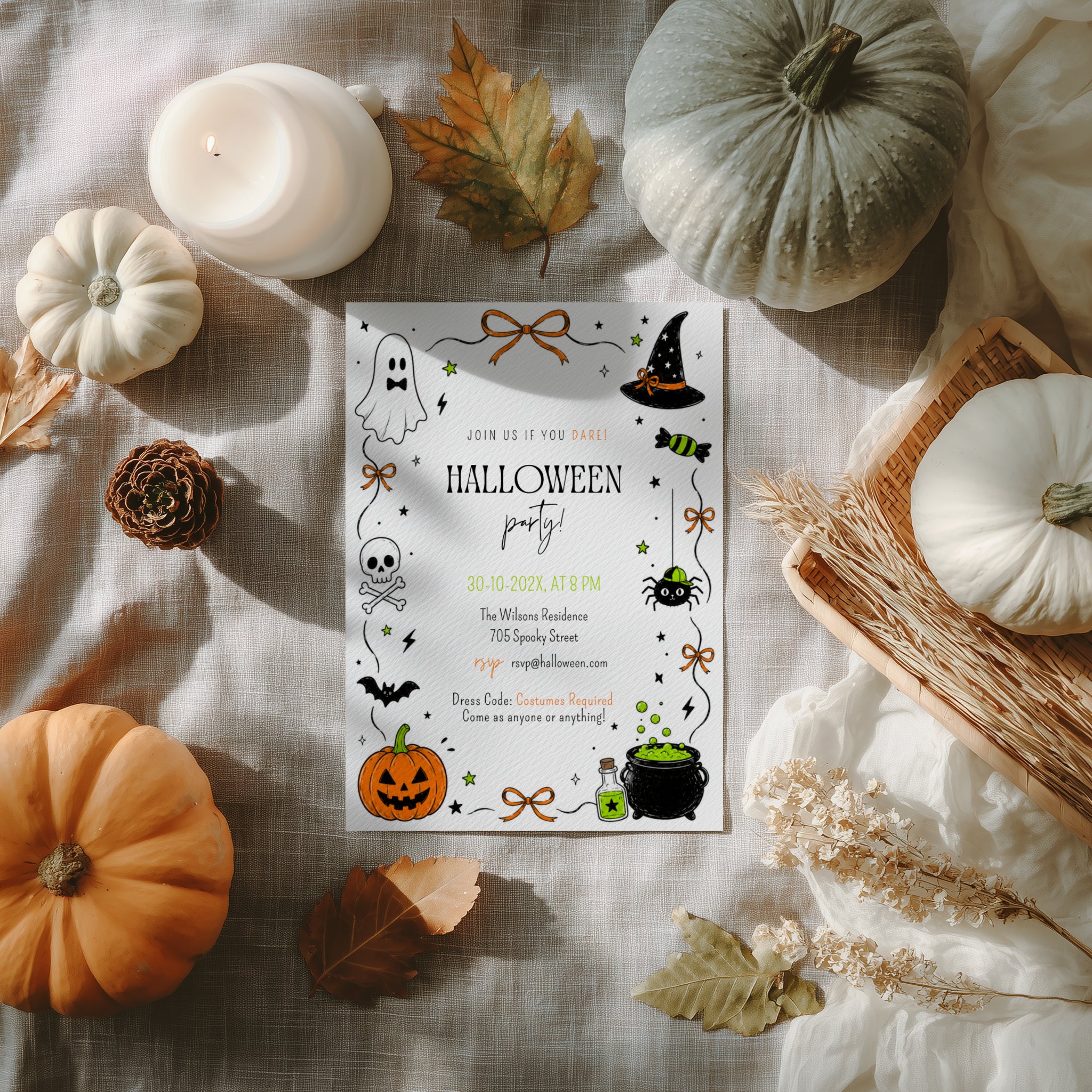Halloween costume party invitation with ghost, witch hat, spider, skull, orange jack-o'-lantern and bubbling green cauldron illustrations.