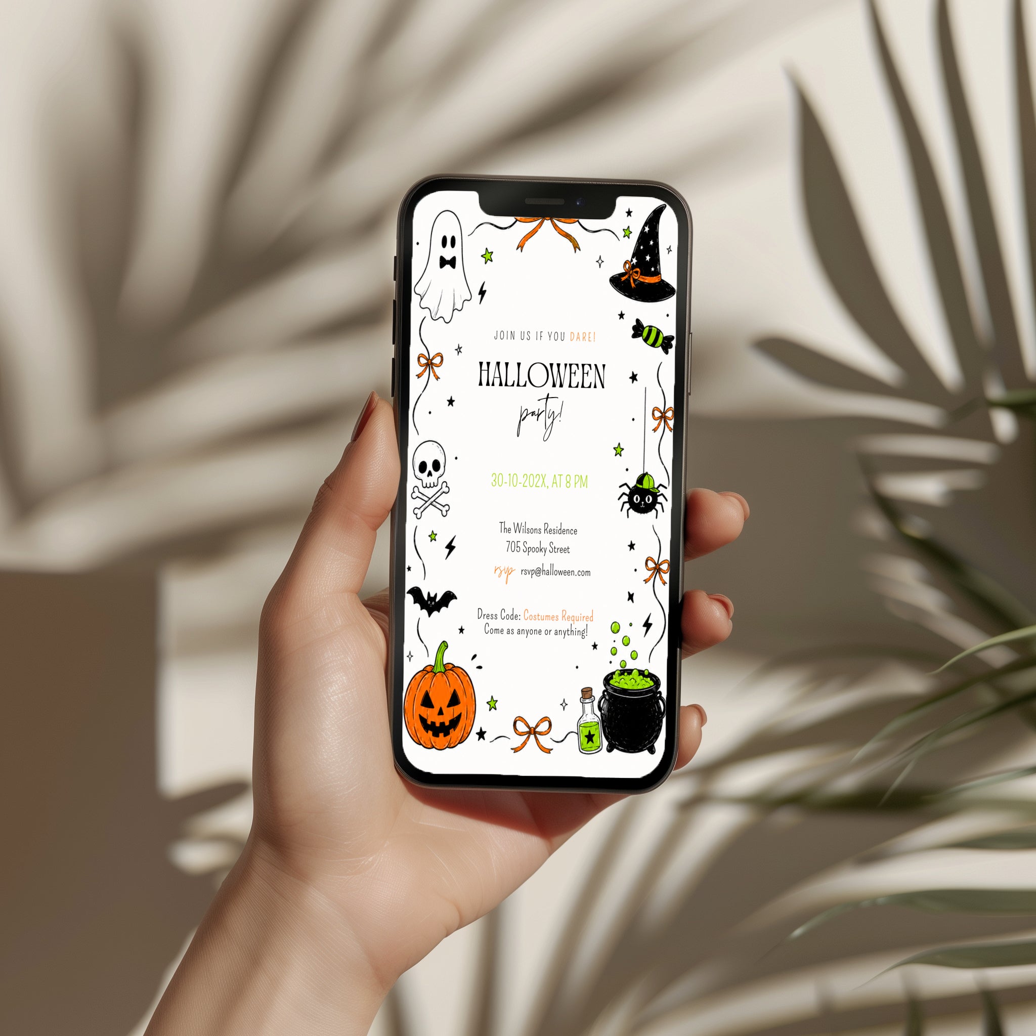 Halloween costume party invitation with ghost, witch hat, spider, skull, orange jack-o'-lantern and bubbling green cauldron illustrations.