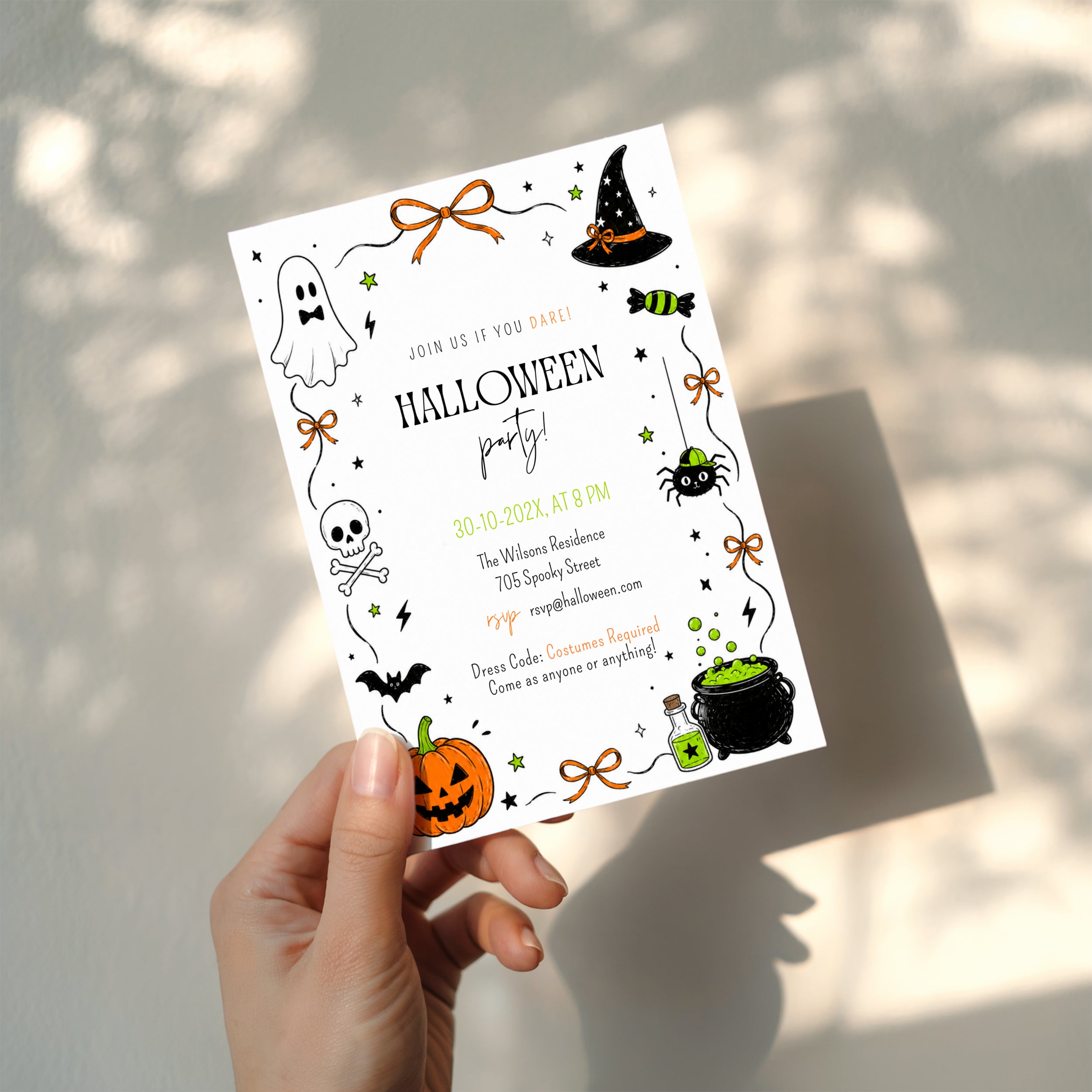Halloween costume party invitation with ghost, witch hat, spider, skull, orange jack-o'-lantern and bubbling green cauldron illustrations.