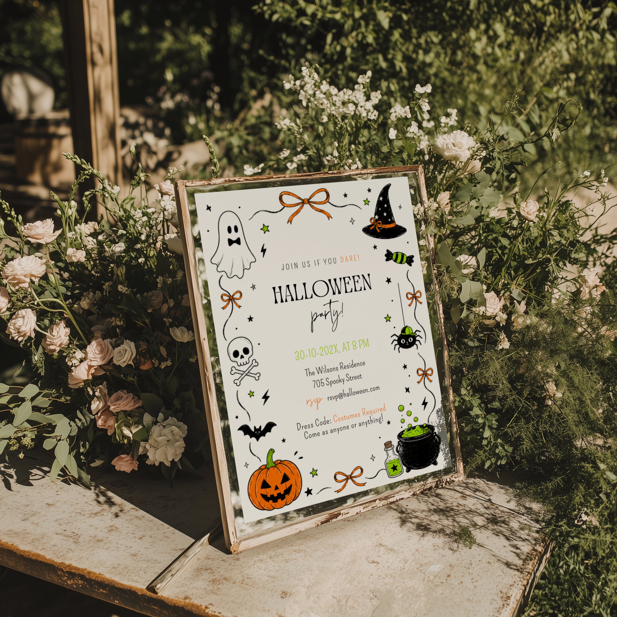 Halloween costume party invitation with ghost, witch hat, spider, skull, orange jack-o'-lantern and bubbling green cauldron illustrations.