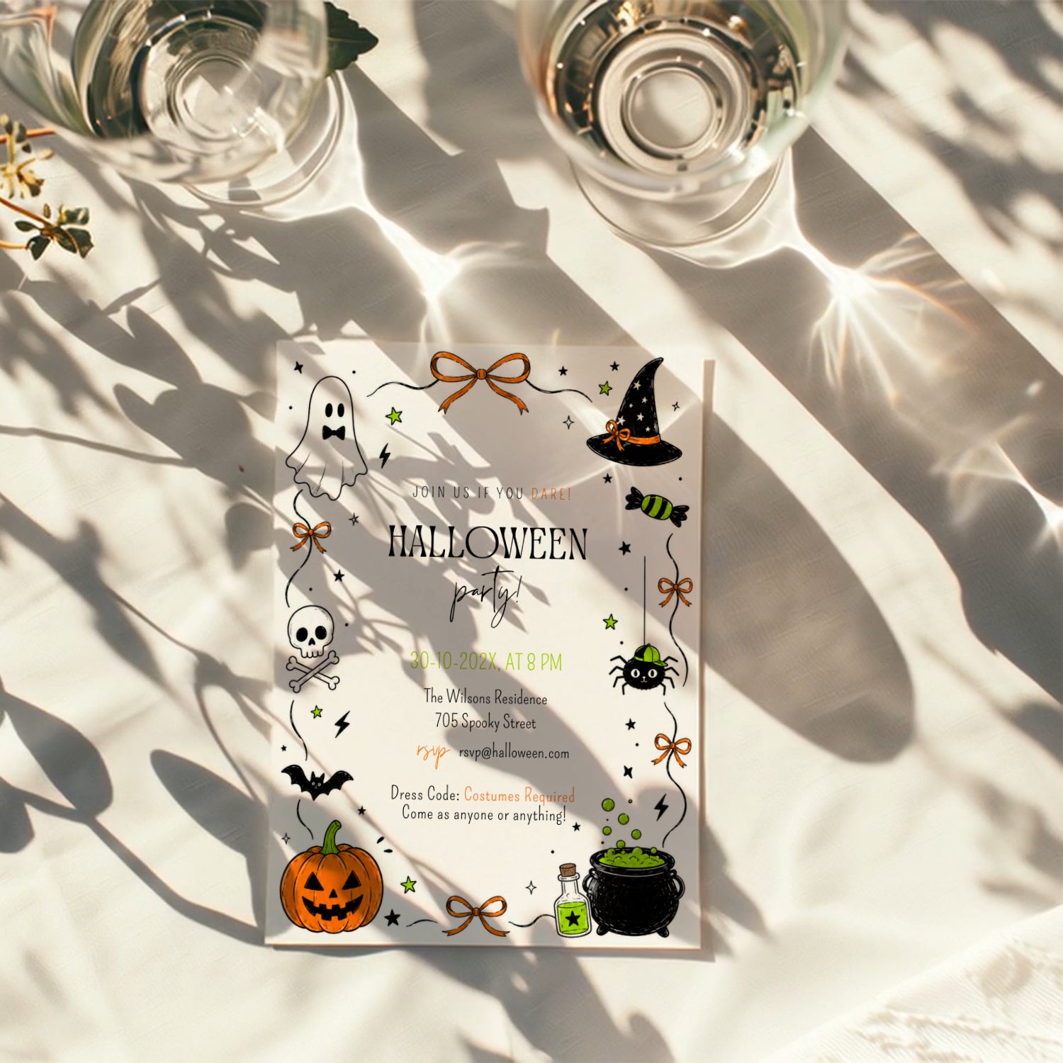 Halloween costume party invitation with ghost, witch hat, spider, skull, orange jack-o'-lantern and bubbling green cauldron illustrations.