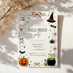 Halloween costume party invitation with ghost, witch hat, spider, skull, orange jack-o'-lantern and bubbling green cauldron illustrations.