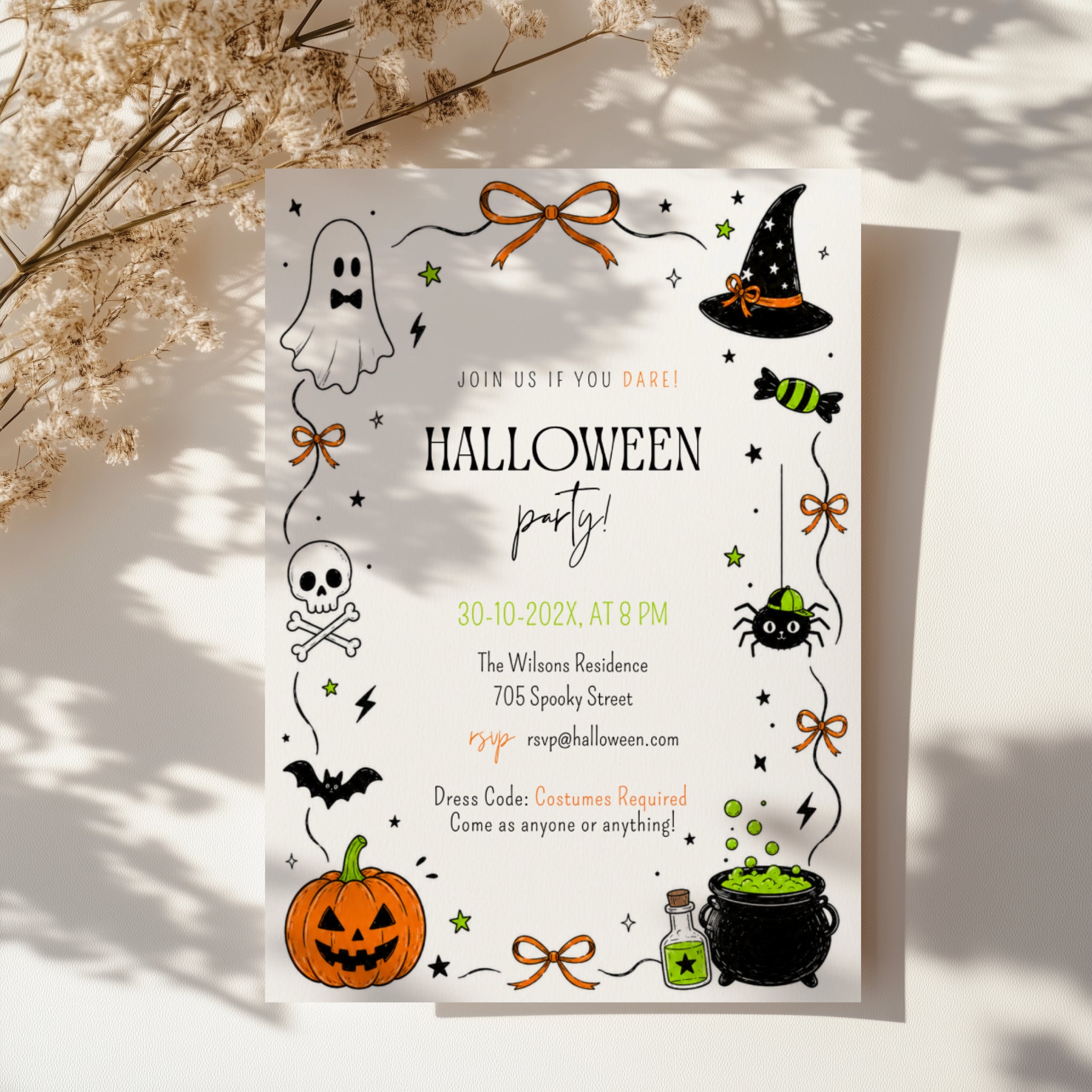 Halloween costume party invitation with ghost, witch hat, spider, skull, orange jack-o'-lantern and bubbling green cauldron illustrations.