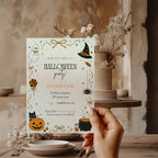 Orange Halloween party invitation with black and orange ghost, witch hat, spider, jack-o'-lantern, candy and bubbling cauldron illustrations.