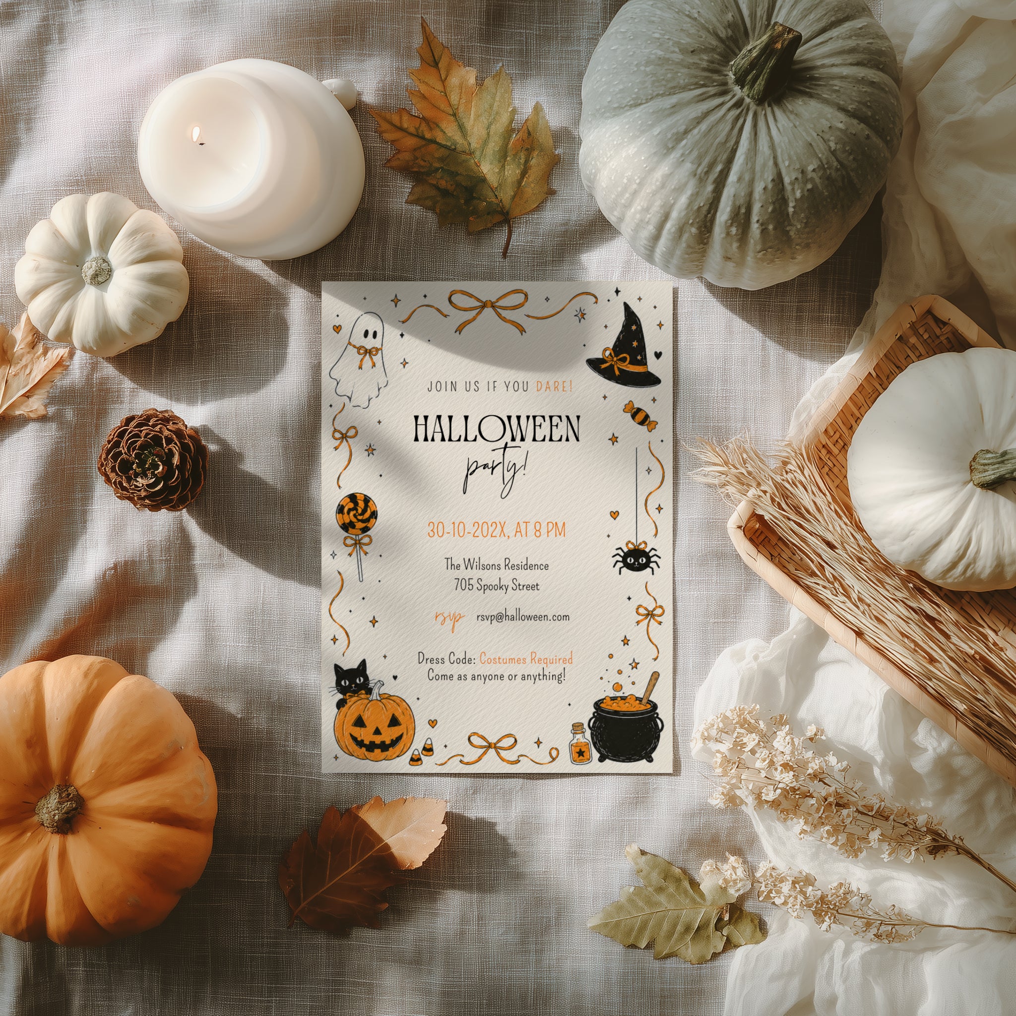 Orange Halloween party invitation with black and orange ghost, witch hat, spider, jack-o'-lantern, candy and bubbling cauldron illustrations.