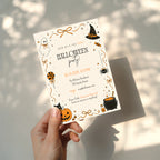 Orange Halloween party invitation with black and orange ghost, witch hat, spider, jack-o'-lantern, candy and bubbling cauldron illustrations.