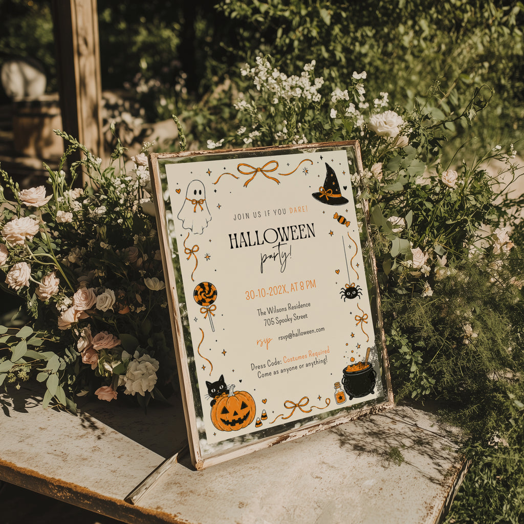 Orange Halloween party invitation with black and orange ghost, witch hat, spider, jack-o'-lantern, candy and bubbling cauldron illustrations.