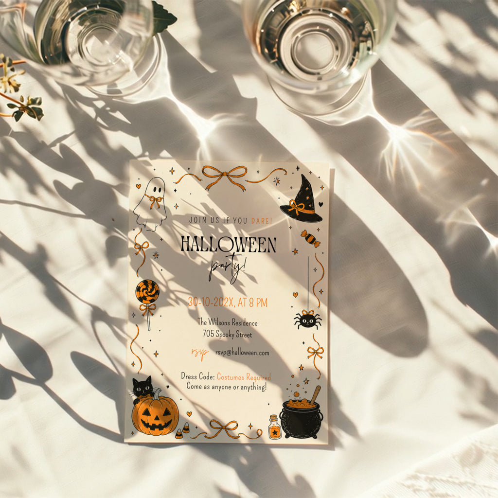 Orange Halloween party invitation with black and orange ghost, witch hat, spider, jack-o'-lantern, candy and bubbling cauldron illustrations.