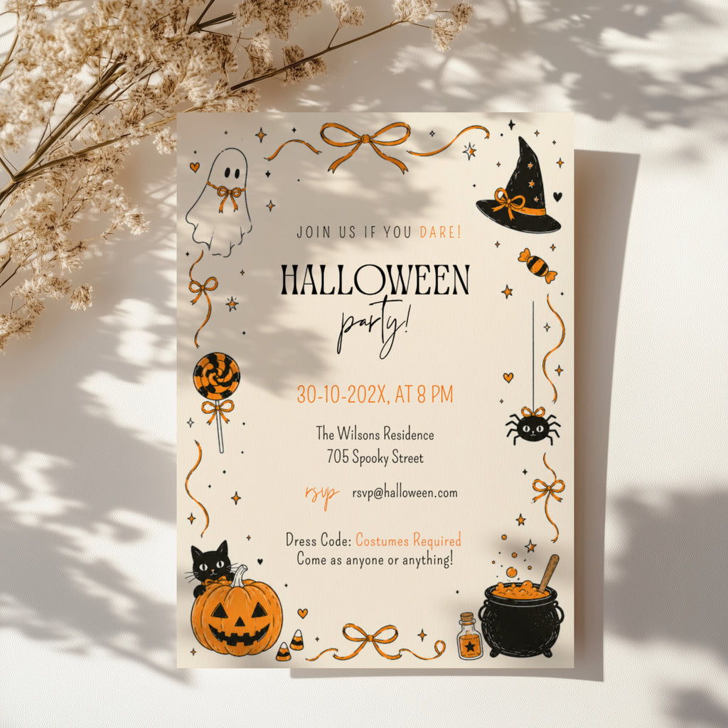 Orange Halloween party invitation with black and orange ghost, witch hat, spider, jack-o'-lantern, candy and bubbling cauldron illustrations.