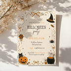 Orange Halloween party invitation with black and orange ghost, witch hat, spider, jack-o'-lantern, candy and bubbling cauldron illustrations.