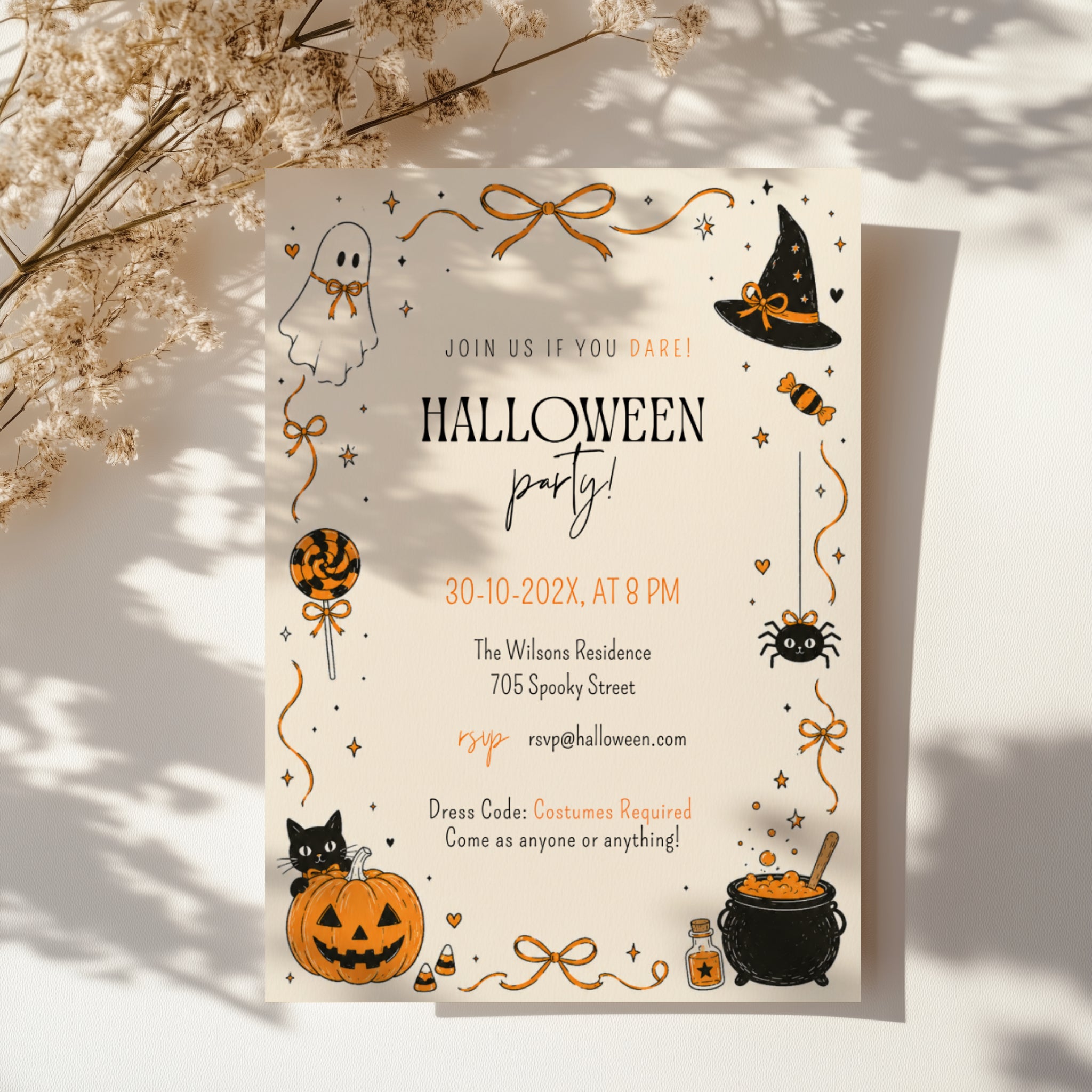 Orange Halloween party invitation with black and orange ghost, witch hat, spider, jack-o'-lantern, candy and bubbling cauldron illustrations.