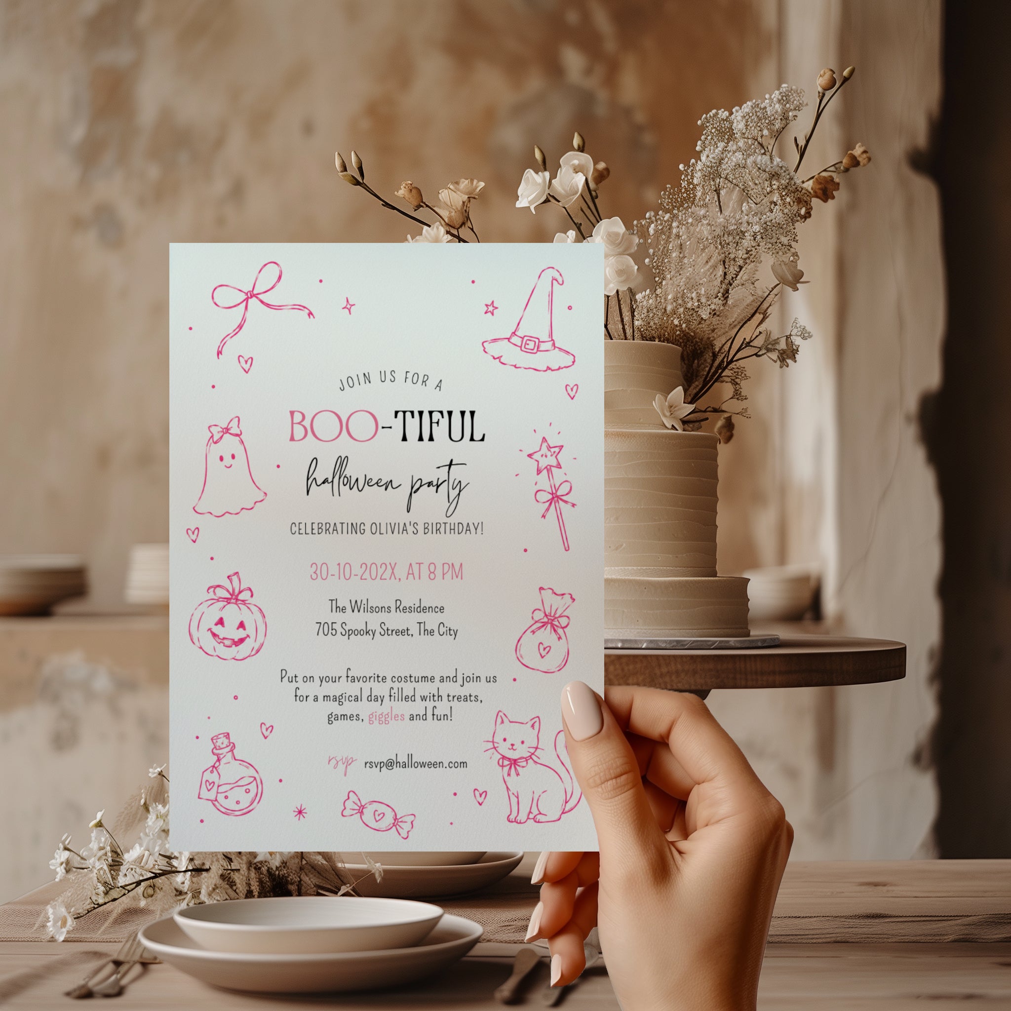 Boo-tiful pink Halloween birthday invitation with ghost, witch hat, magic wand, bow pumpkin, black cat, candy and potion illustrations.
