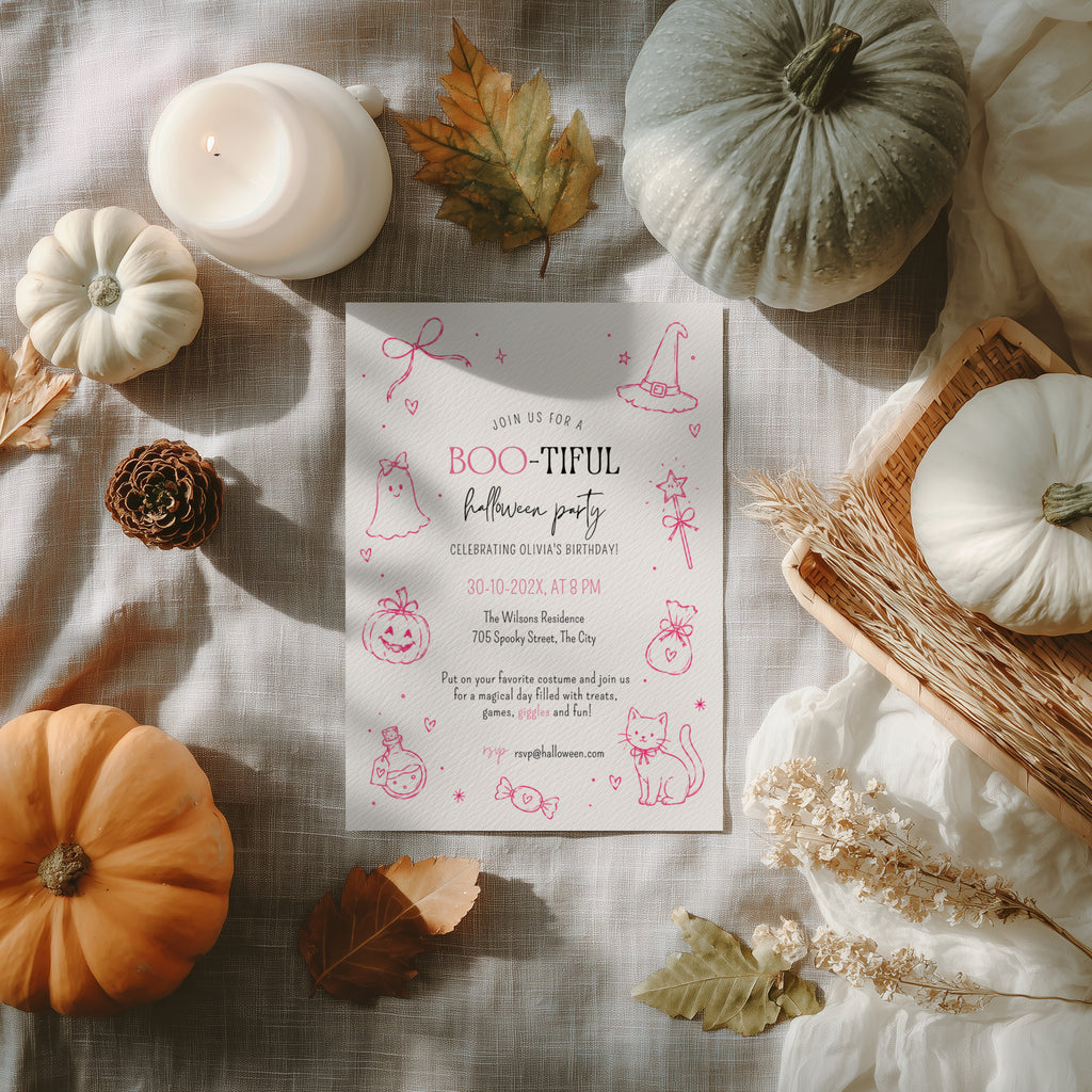 Boo-tiful pink Halloween birthday invitation with ghost, witch hat, magic wand, bow pumpkin, black cat, candy and potion illustrations.
