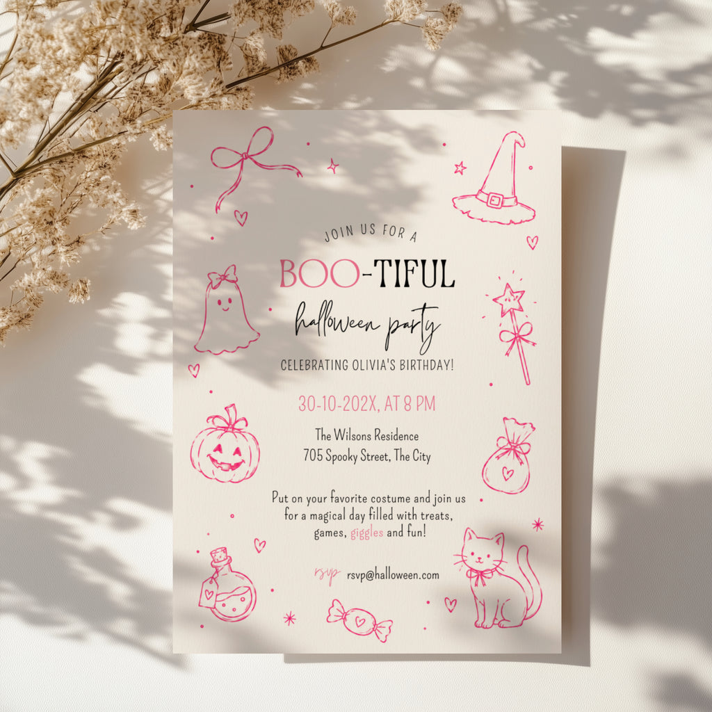 Boo-tiful pink Halloween birthday invitation with ghost, witch hat, magic wand, bow pumpkin, black cat, candy and potion illustrations.