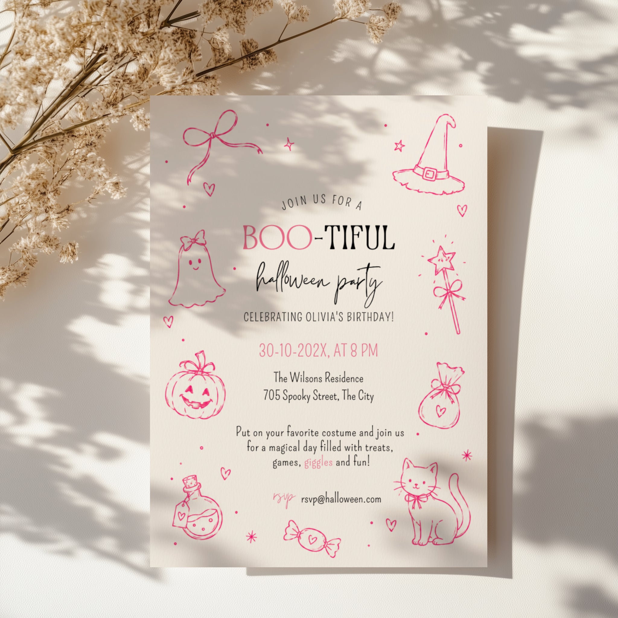 Boo-tiful pink Halloween birthday invitation with ghost, witch hat, magic wand, bow pumpkin, black cat, candy and potion illustrations.