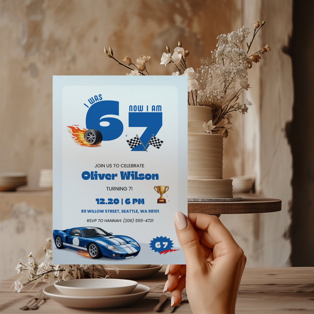 6 7 birthday invitation with bold blue 67 numbers, blue race car, checkered flags, flaming tire and trophy details for a racing 7th birthday party.