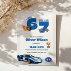 6 7 birthday invitation with bold blue 67 numbers, blue race car, checkered flags, flaming tire and trophy details for a racing 7th birthday party.