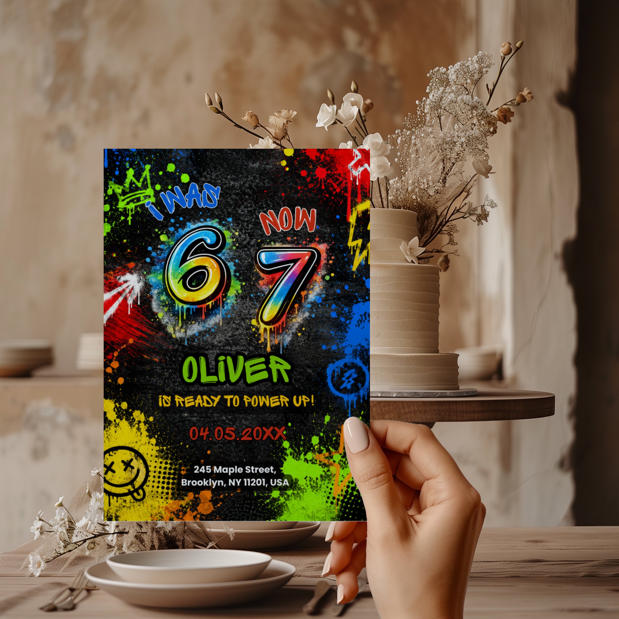 6 7 birthday invitation with colorful 67 numbers, bright graffiti paint splashes, neon colors, crown, stars and lightning details on a black background.