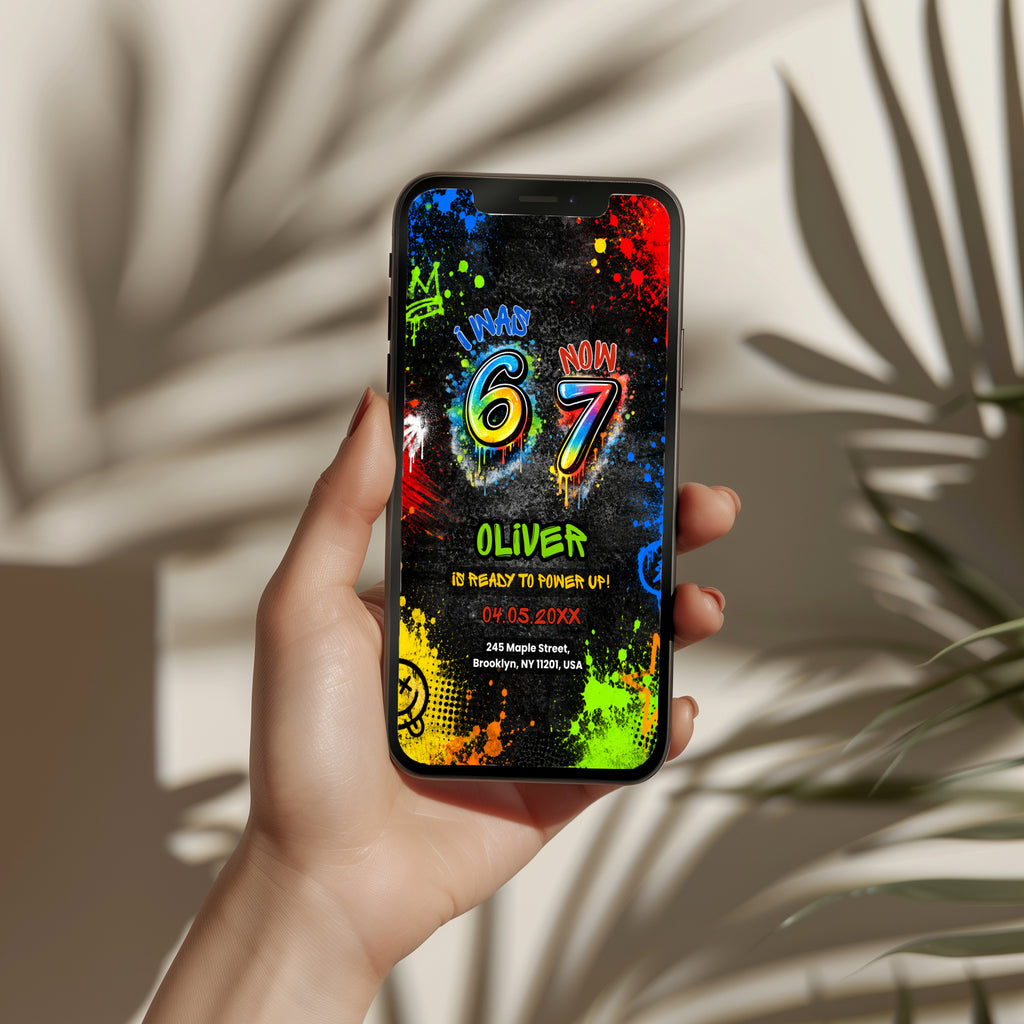 6 7 birthday invitation with colorful 67 numbers, bright graffiti paint splashes, neon colors, crown, stars and lightning details on a black background.