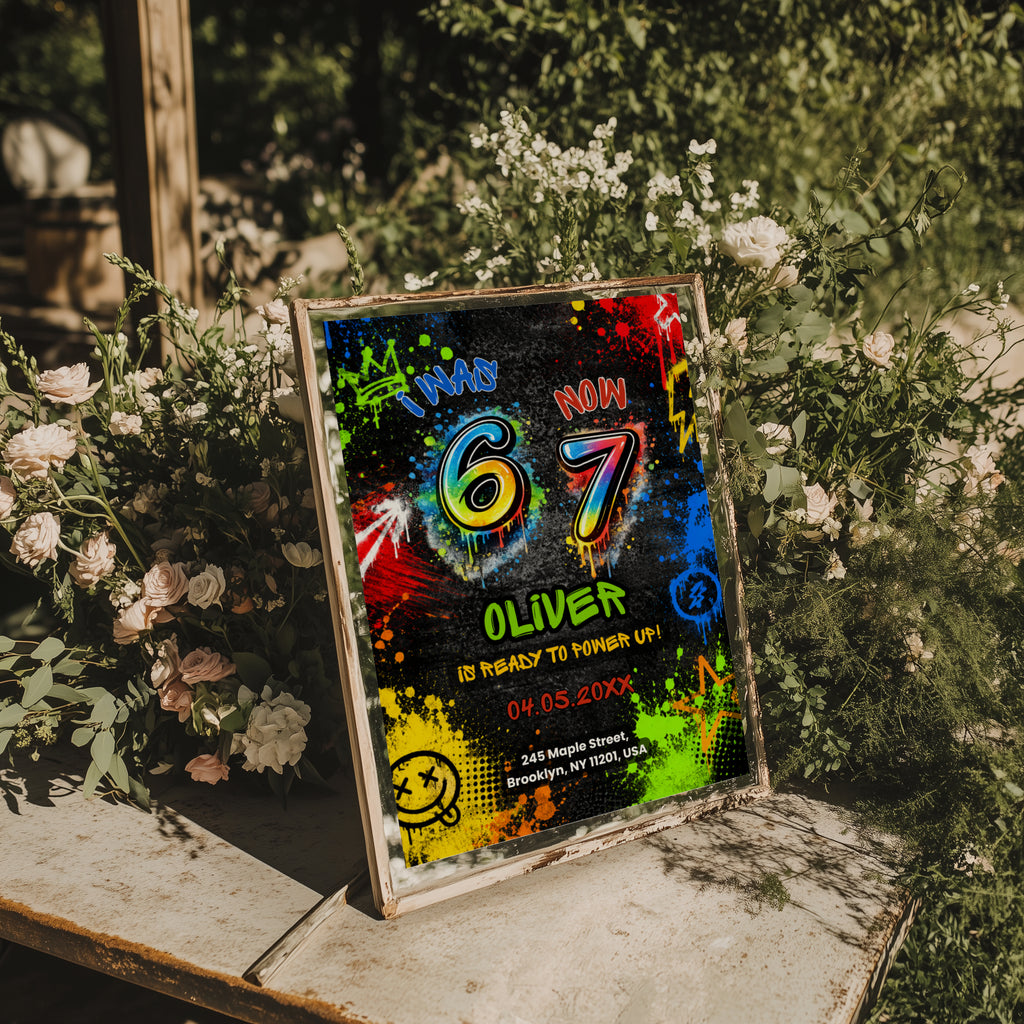 6 7 birthday invitation with colorful 67 numbers, bright graffiti paint splashes, neon colors, crown, stars and lightning details on a black background.