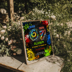6 7 birthday invitation with colorful 67 numbers, bright graffiti paint splashes, neon colors, crown, stars and lightning details on a black background.