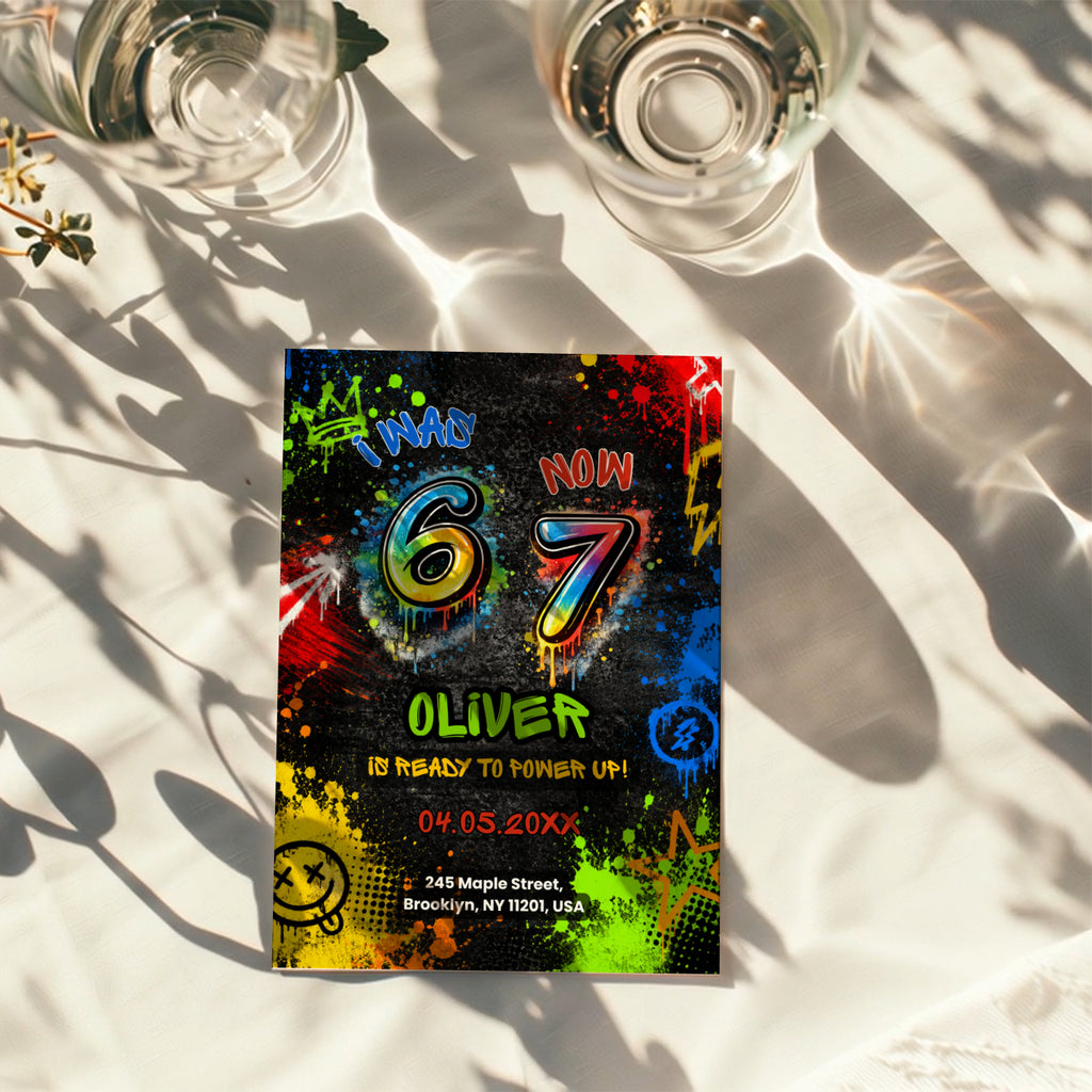 6 7 birthday invitation with colorful 67 numbers, bright graffiti paint splashes, neon colors, crown, stars and lightning details on a black background.