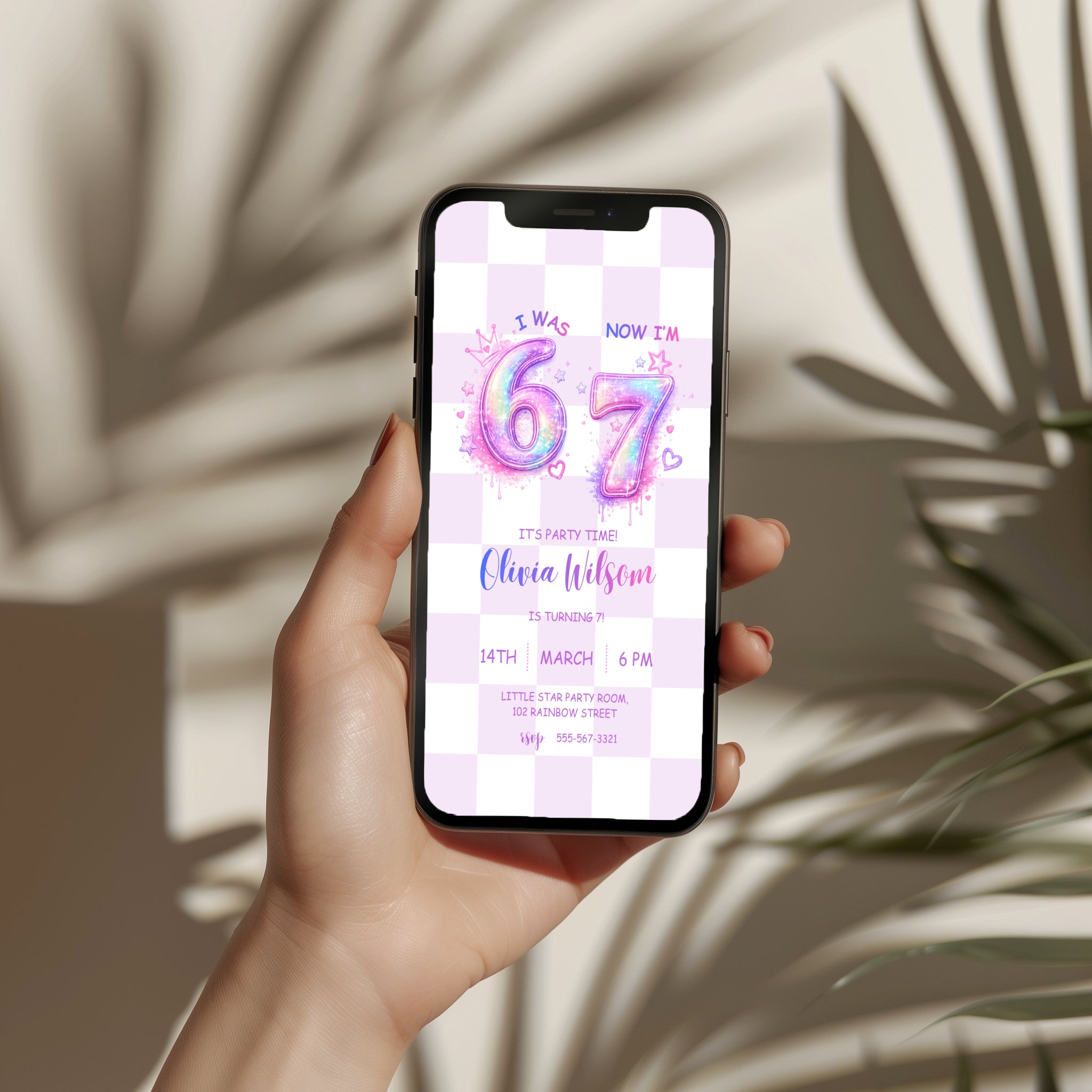 6 7 birthday invitation with sparkling pink and purple 67 numbers, stars, hearts and a pastel checkerboard background for a girly 7th birthday party.