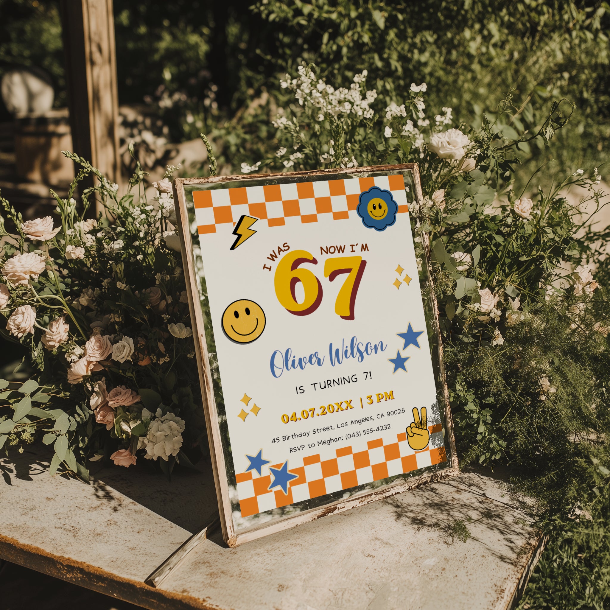 6 7 birthday invitation with bold 67 numbers, orange checkerboard border, happy face icons, blue stars, lightning bolt and peace hand for a retro 7th birthday party.