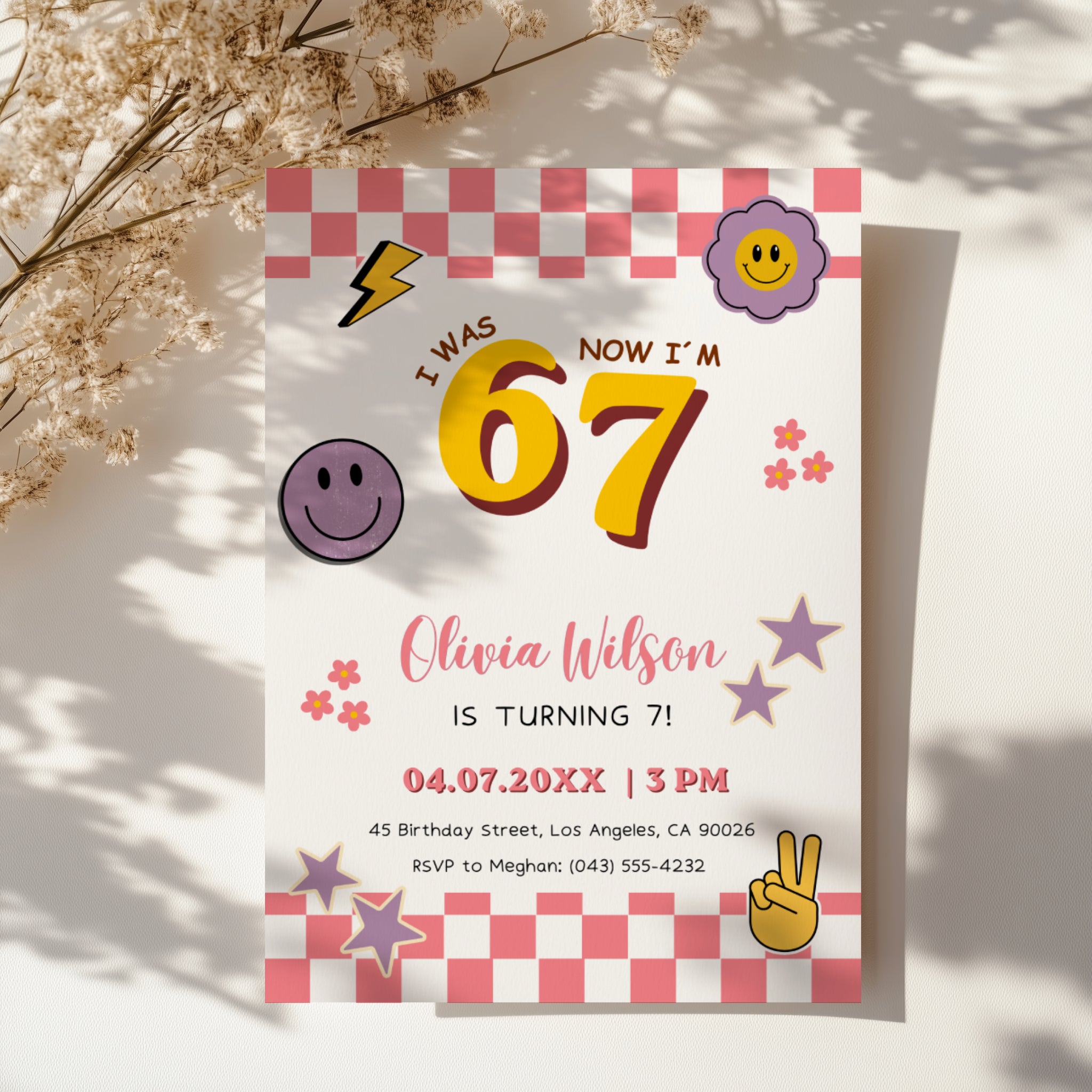 6 7 birthday invitation with bold 67 numbers, pink checkerboard border, happy face icons, retro flowers, purple stars and peace hand for a 7th birthday party.