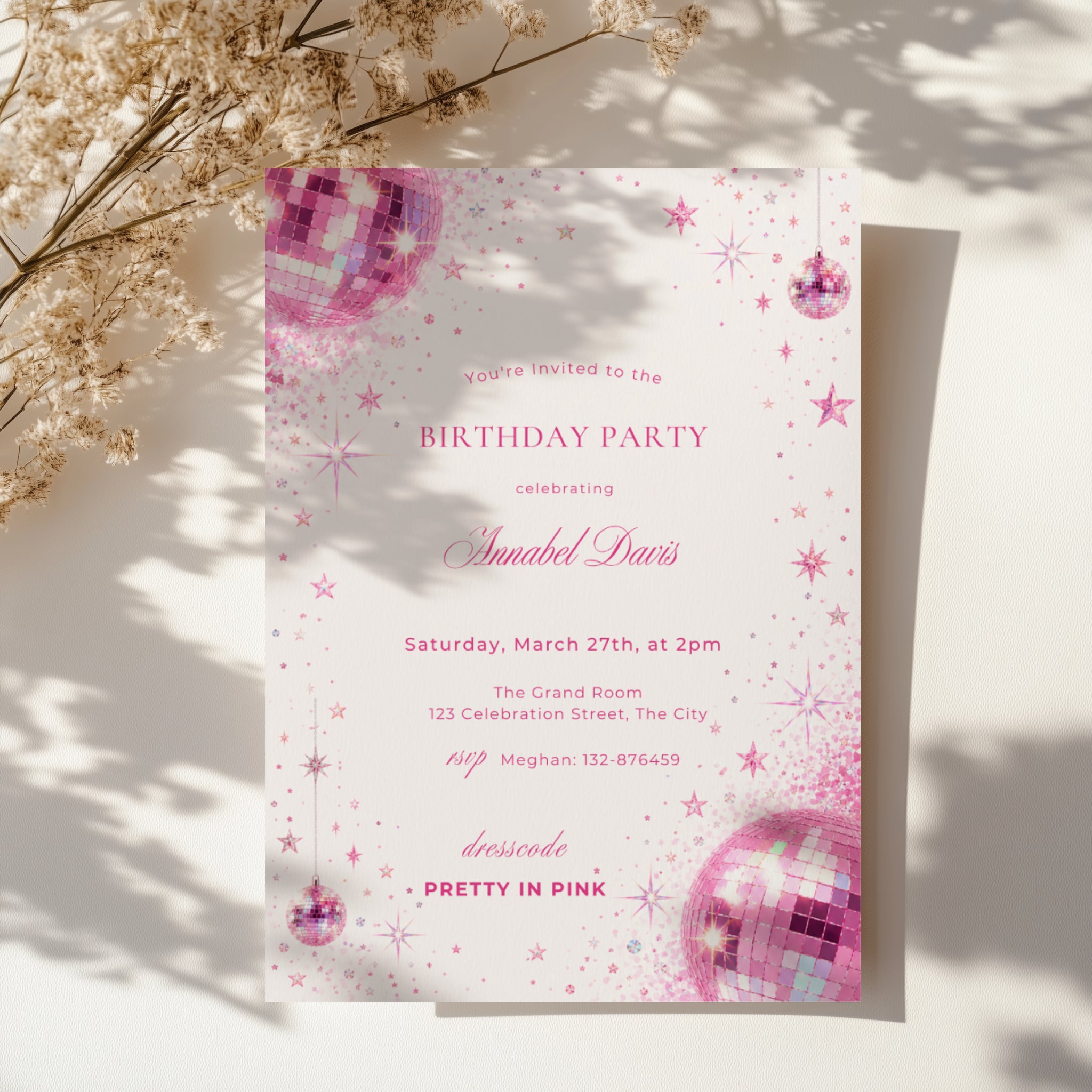 Pink disco birthday invitation with sparkling pink disco balls, glitter details, stars and Pretty in Pink dress code for a glamorous birthday party.