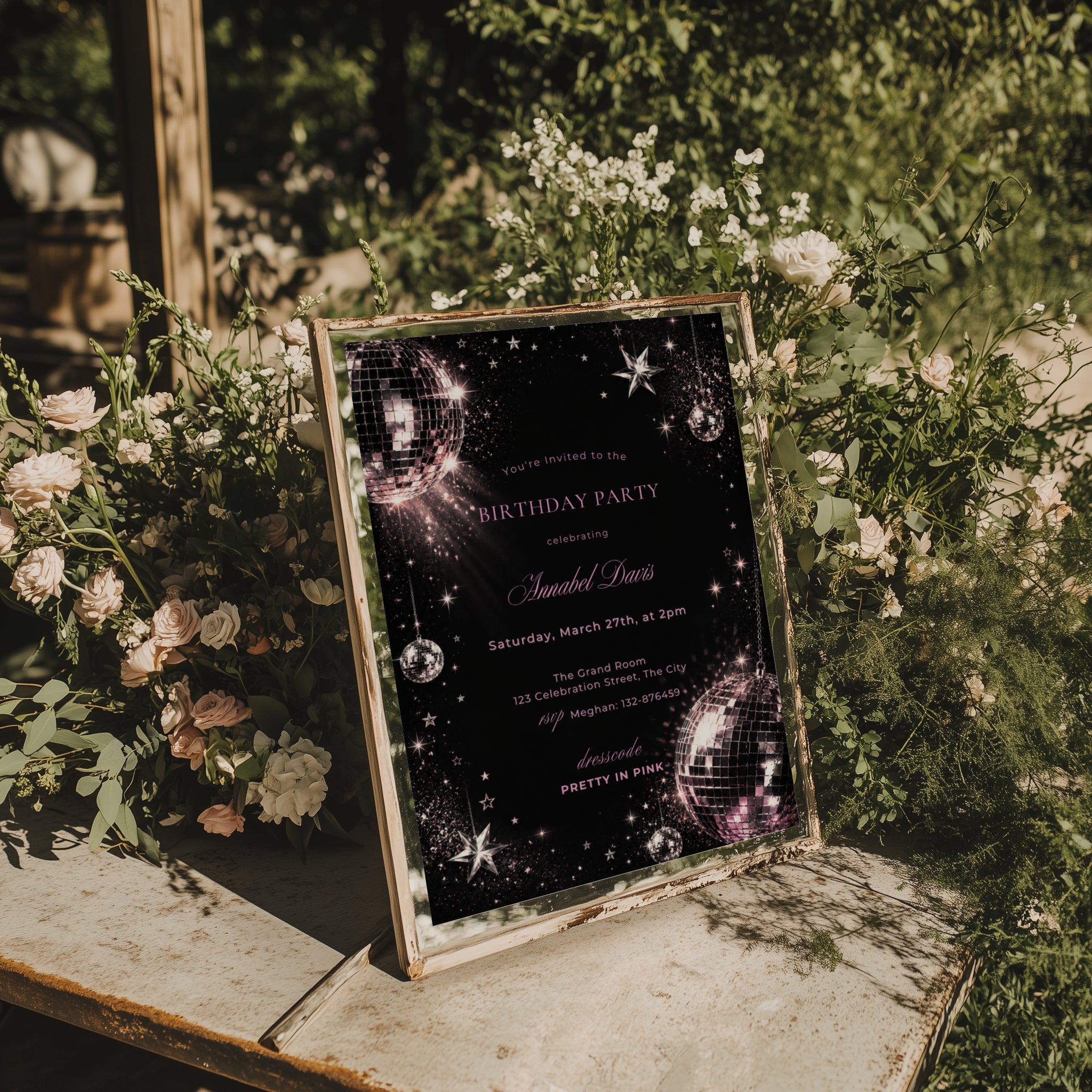 Black and pink disco birthday invitation with shimmering disco balls, sparkling stars and glamorous dark party details.