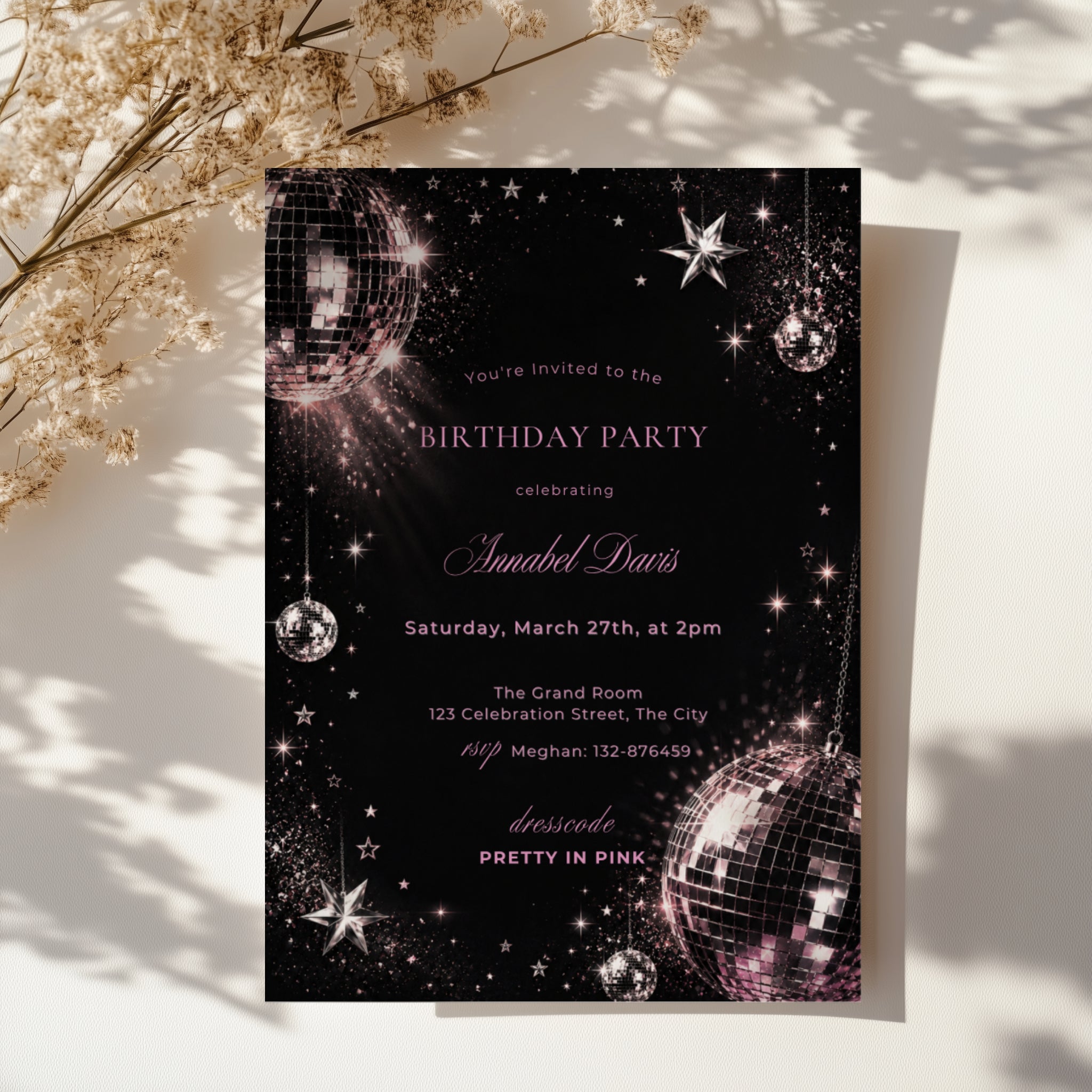 Black and pink disco birthday invitation with shimmering disco balls, sparkling stars and glamorous dark party details.