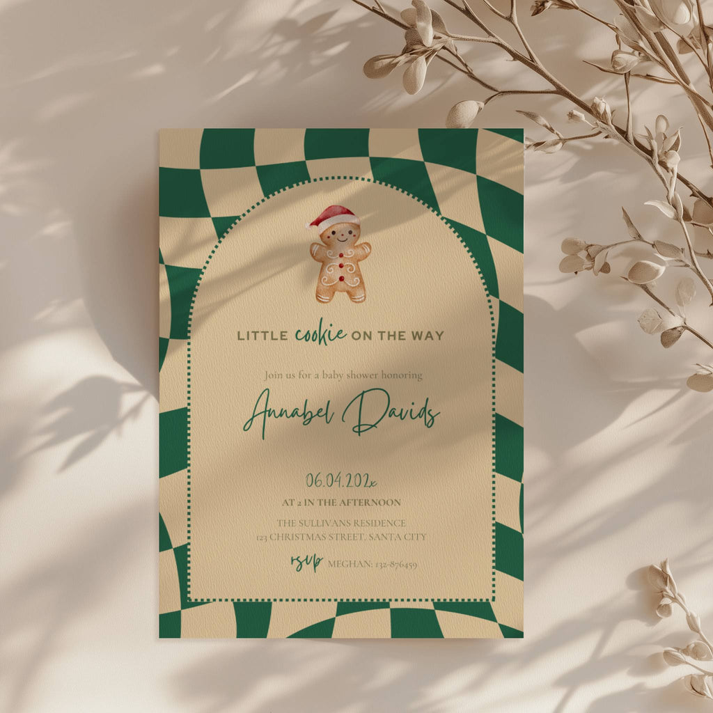 little cookie on the way baby shower invitation with gingerbread and green gingham design