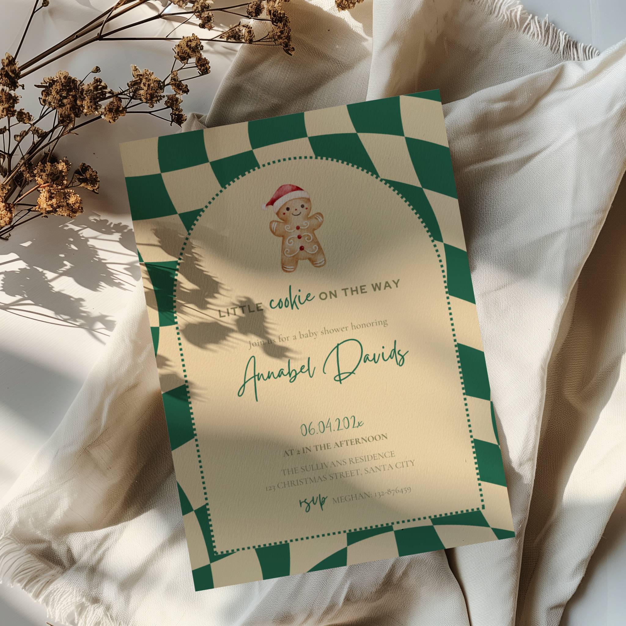 little cookie on the way baby shower invitation with gingerbread and green gingham design
