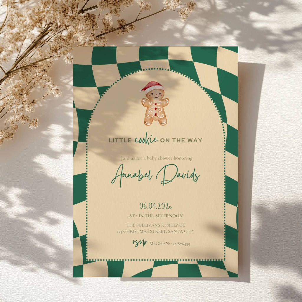 little cookie on the way baby shower invitation with gingerbread and green gingham design