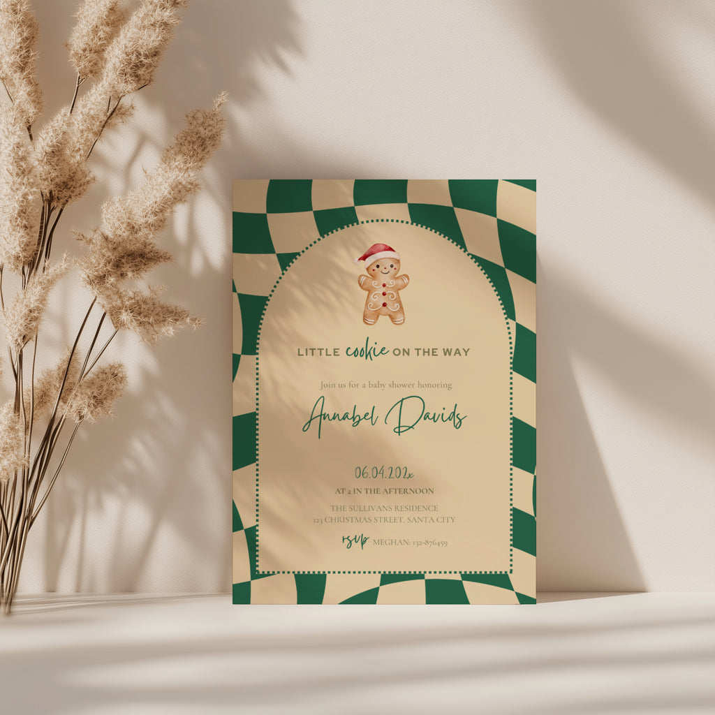 little cookie on the way baby shower invitation with gingerbread and green gingham design