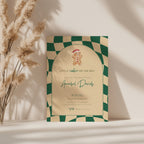 little cookie on the way baby shower invitation with gingerbread and green gingham design