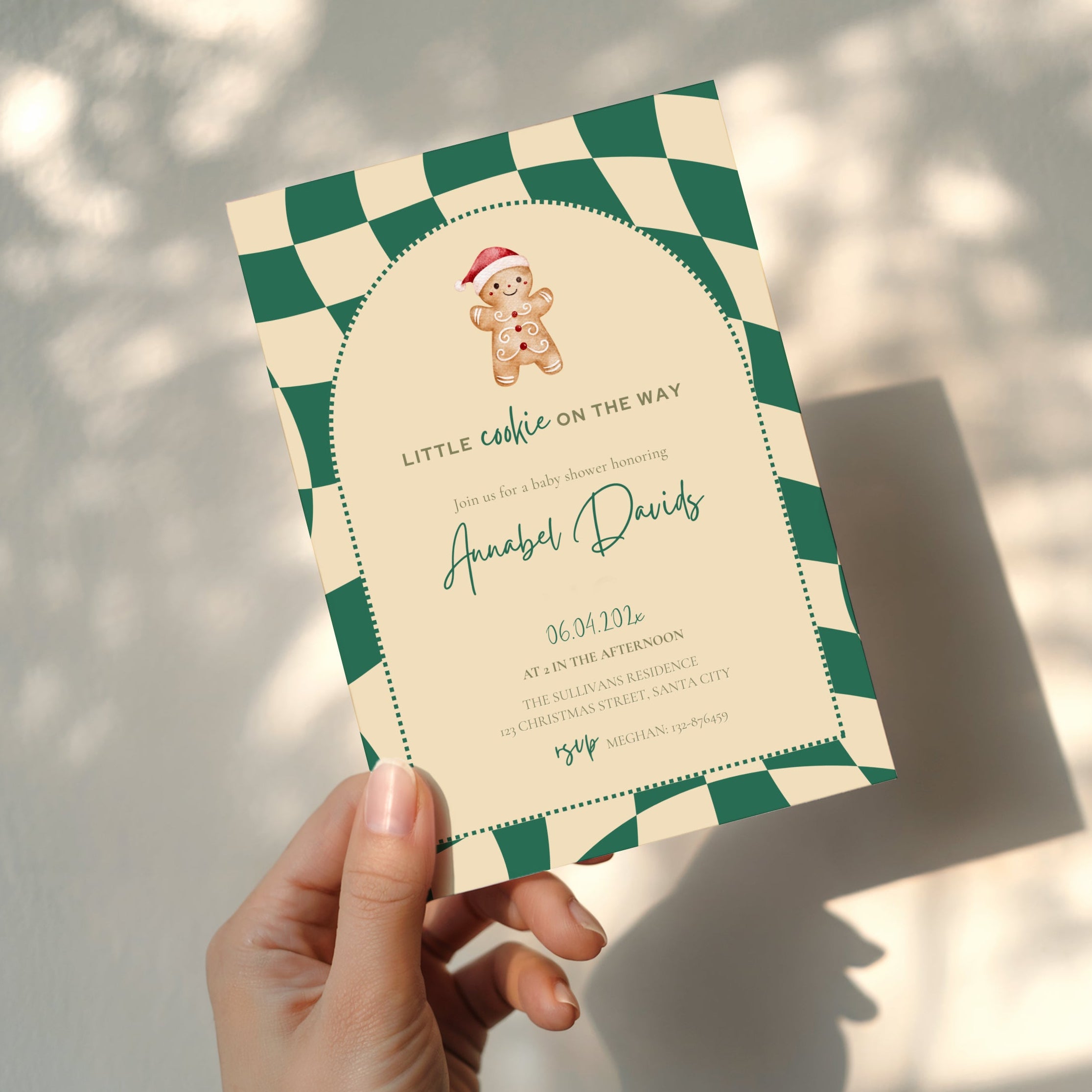 little cookie on the way baby shower invitation with gingerbread and green gingham design