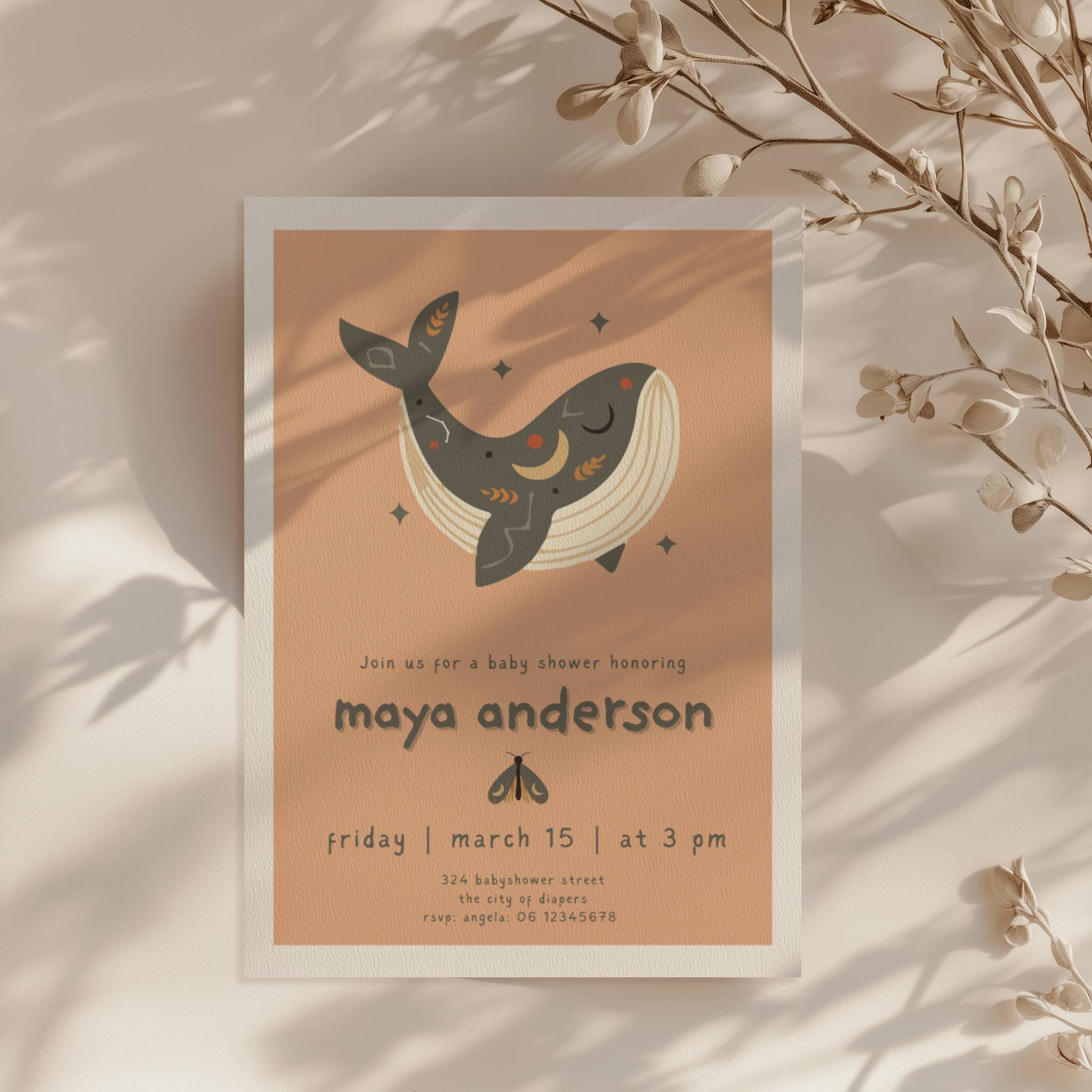 boho whale baby shower invitation with earthy tones and soft pink accents