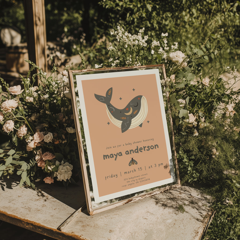boho whale baby shower invitation with earthy tones and soft pink accents