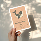 boho whale baby shower invitation with earthy tones and soft pink accents