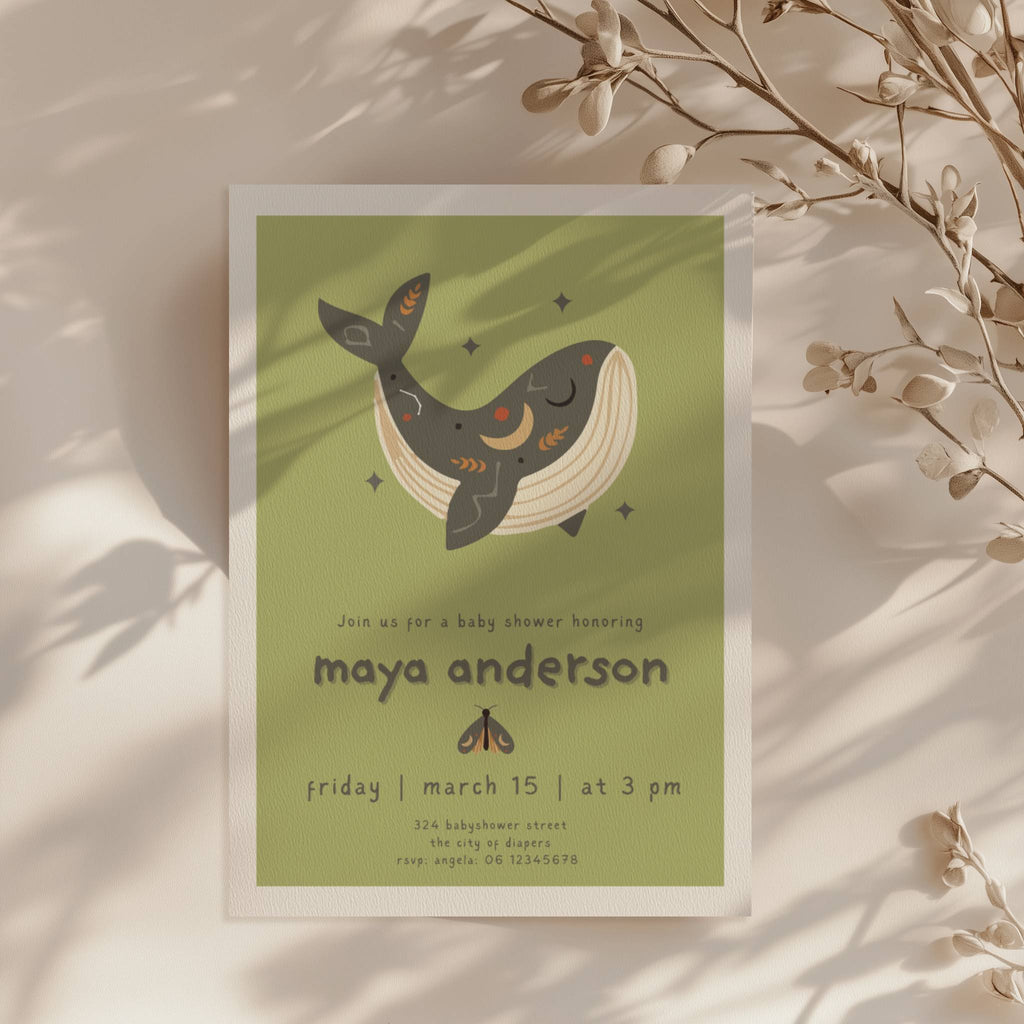 boho whale baby shower invitation in soft green tones with playful typography and celestial details