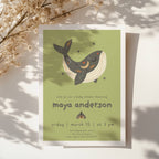boho whale baby shower invitation in soft green tones with playful typography and celestial details