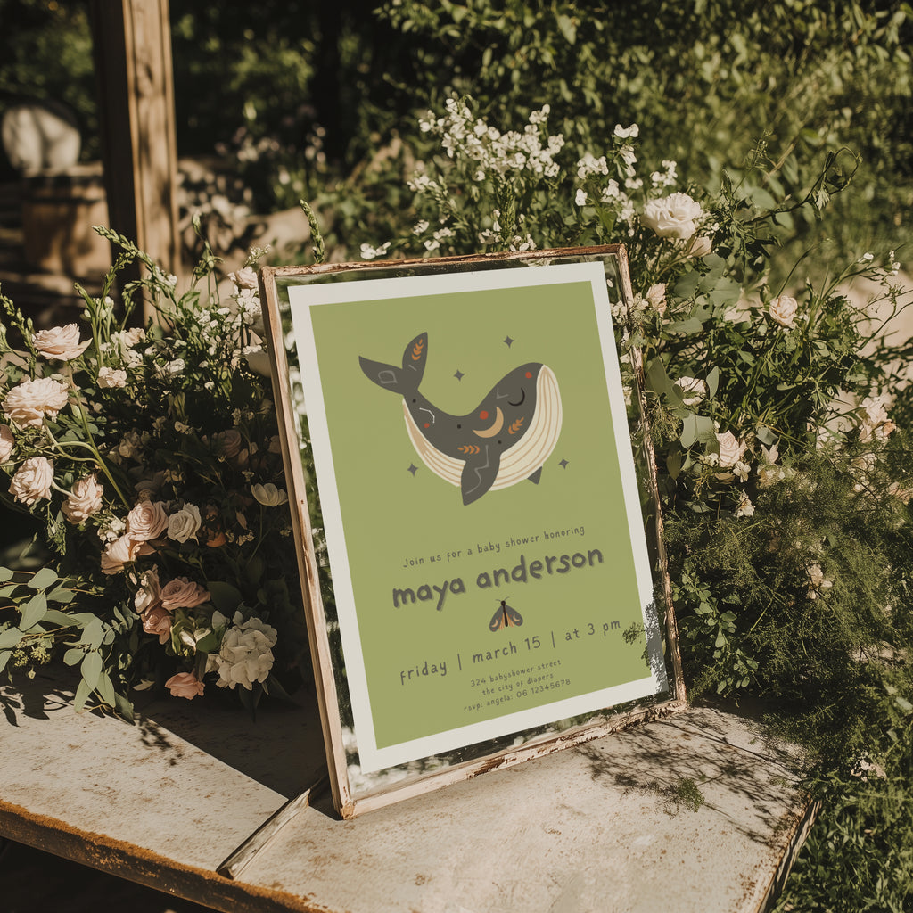 boho whale baby shower invitation in soft green tones with playful typography and celestial details