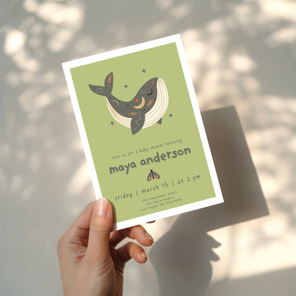 boho whale baby shower invitation in soft green tones with playful typography and celestial details