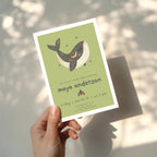 boho whale baby shower invitation in soft green tones with playful typography and celestial details