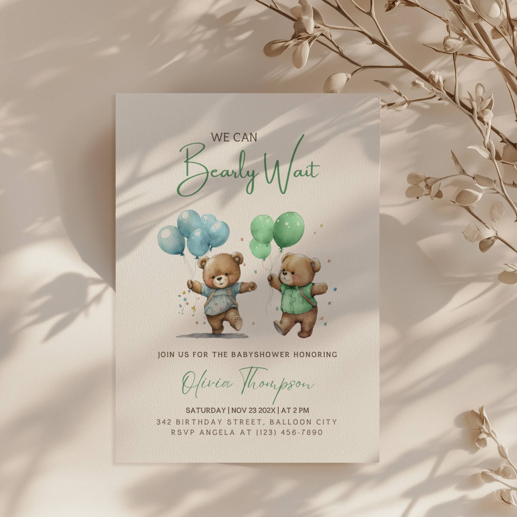 teddy bear twins baby shower invitation with balloons in soft blue and green tones