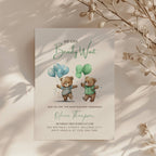 teddy bear twins baby shower invitation with balloons in soft blue and green tones