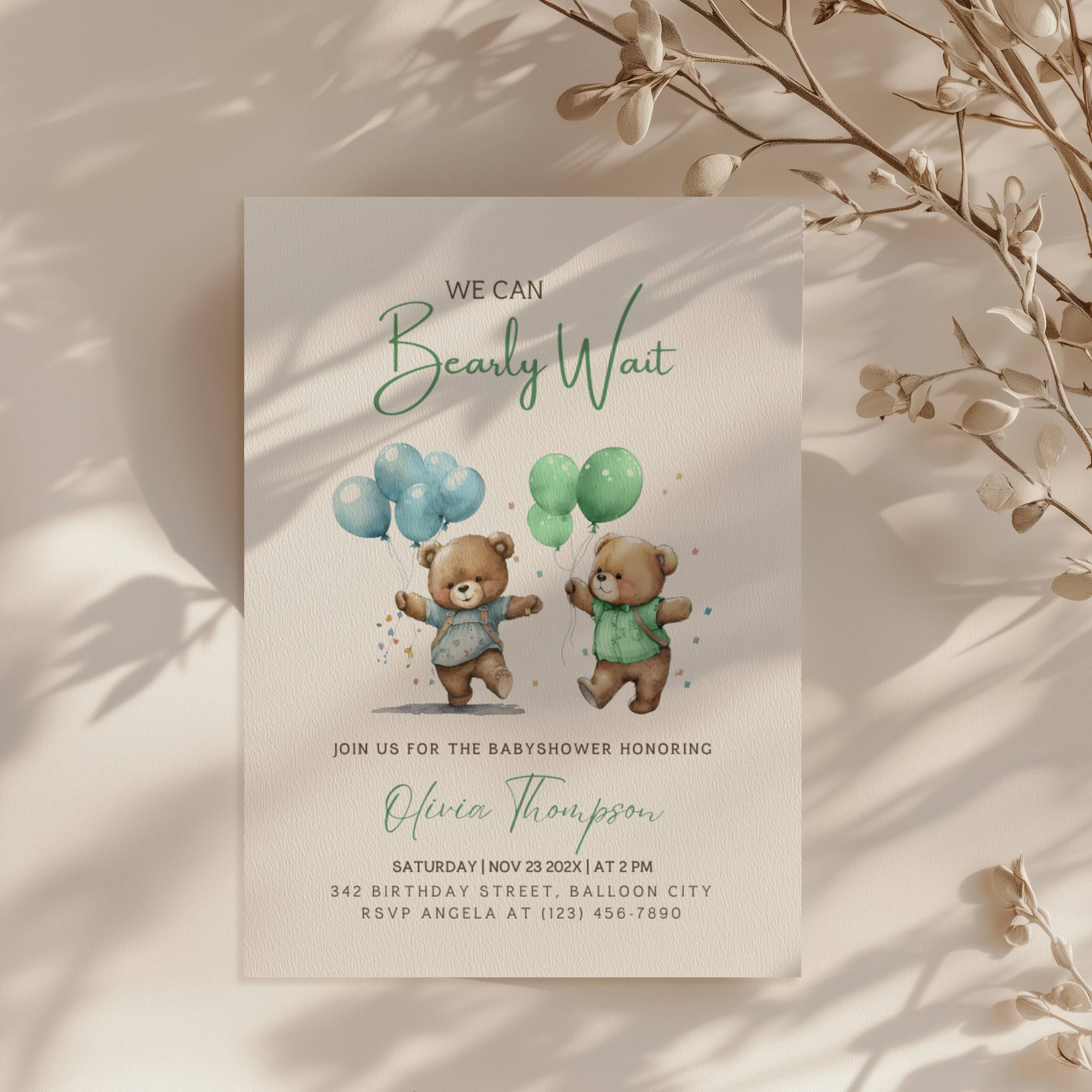 teddy bear twins baby shower invitation with balloons in soft blue and green tones