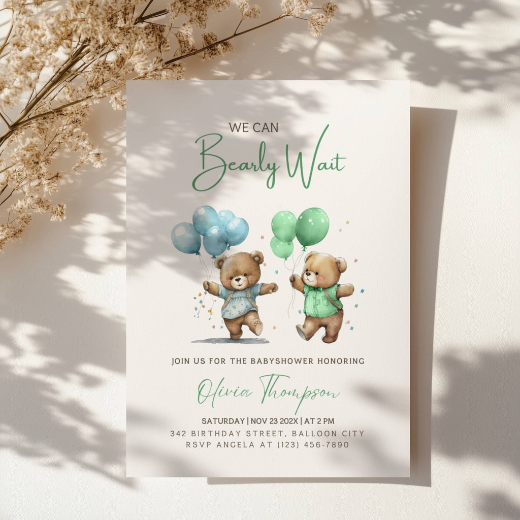 teddy bear twins baby shower invitation with balloons in soft blue and green tones